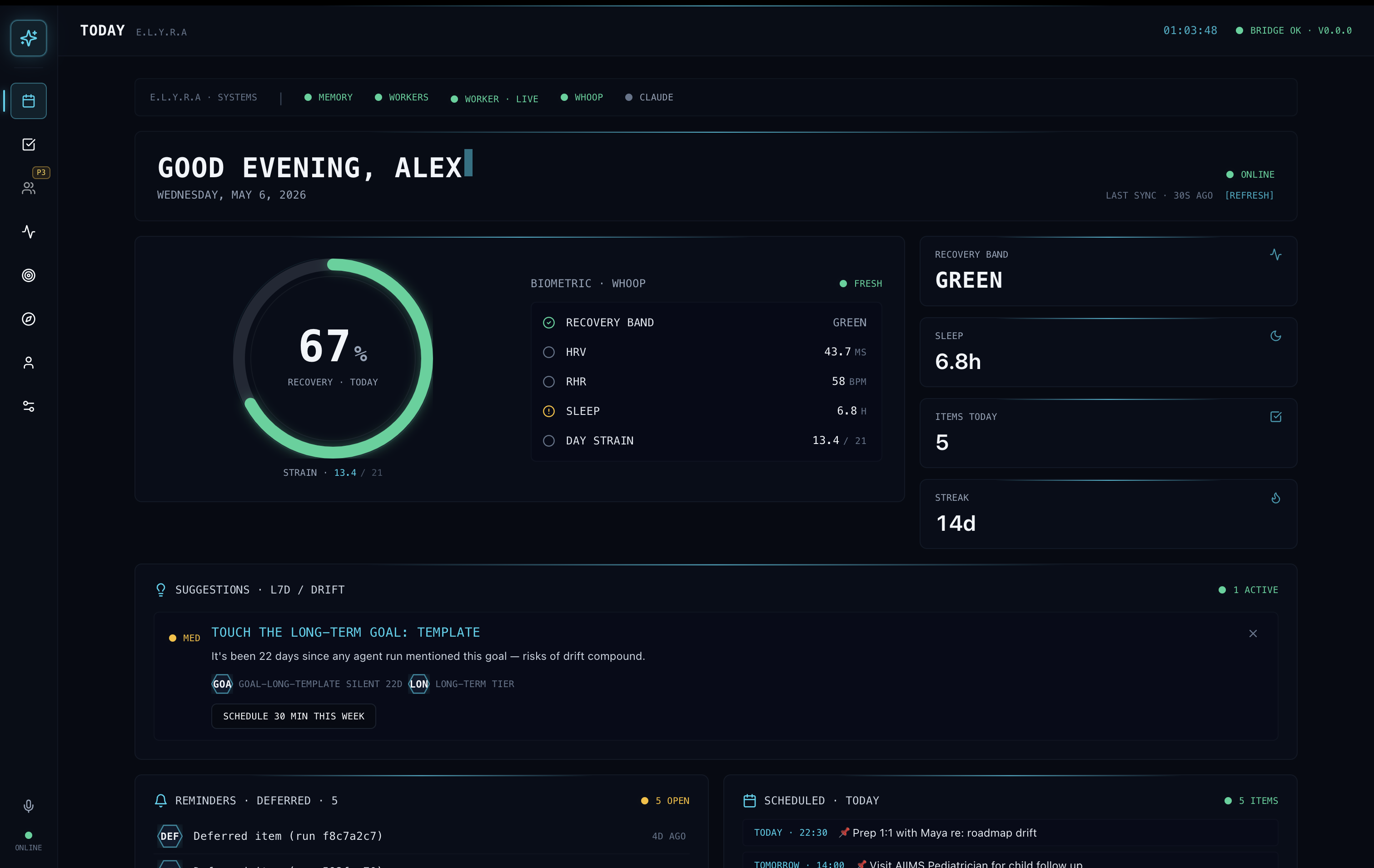 Mayva dashboard — Today view with morning brief, calendar, and tasks