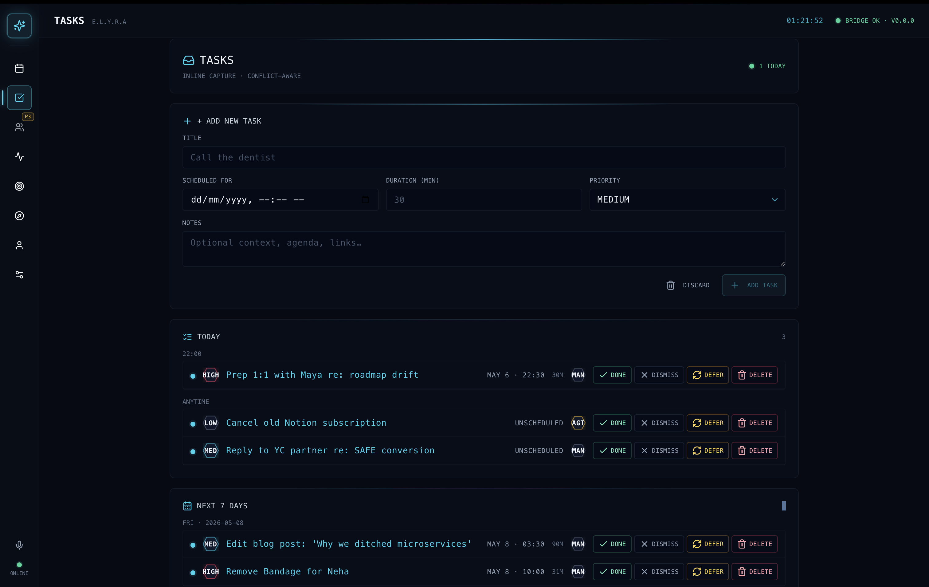 Mayva tasks tab — agent-managed schedule with conflict detection